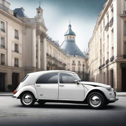 Create an image of a new car model that combines elements of the classic Citroën DS and the Citroën 2CV