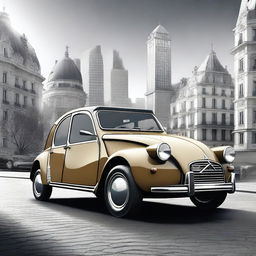 Create an image of a new car model that combines elements of the classic Citroën DS and the Citroën 2CV