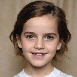 A charming young girl, displaying the features of her parents, Emma Watson and Gary Oldman. She has Emma's radiant smile and Gary's expressive eyes, making her an embodiment of adorable innocence.