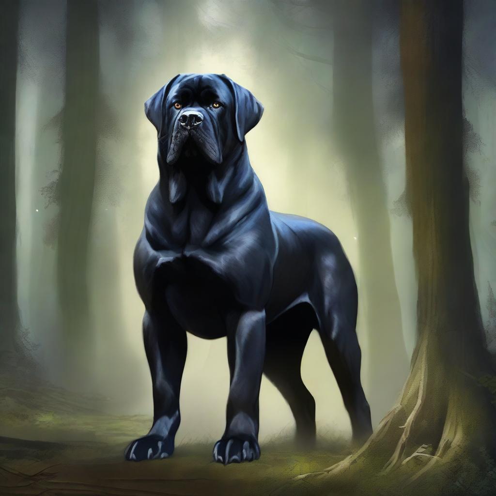 A detailed fantasy painting of a black mastiff, suitable for use as a Dungeons and Dragons token