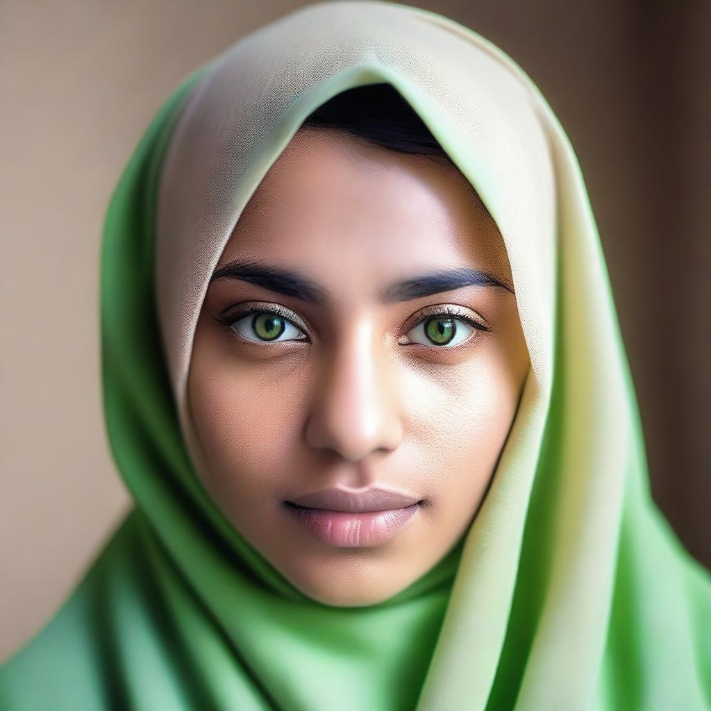 A young girl approximately 19 years old with light brown skin and large, expressive green eyes