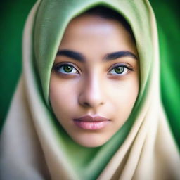 A young girl approximately 19 years old with light brown skin and large, expressive green eyes