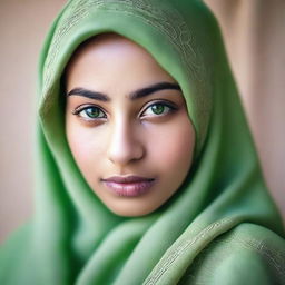 A young girl approximately 19 years old with light brown skin and large, expressive green eyes