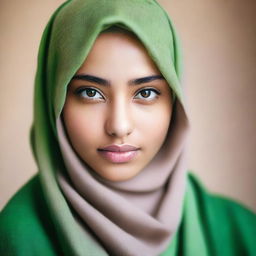 A young girl approximately 19 years old with light brown skin and large, expressive green eyes