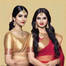 Two women wearing matching golden sarees with sparkly fabric, standing side by side against a plain background