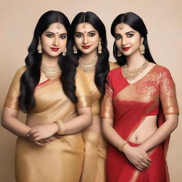 Two women wearing matching golden sarees with sparkly fabric, standing side by side against a plain background