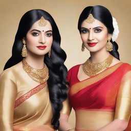 Two women wearing matching golden sarees with sparkly fabric, standing side by side against a plain background