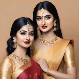 Two women wearing matching golden sarees with sparkly fabric, standing side by side against a plain background