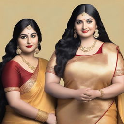 Two women wearing matching golden sarees with sparkly fabric, standing side by side against a plain background