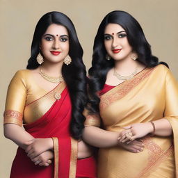 Two women wearing matching golden sarees with sparkly fabric, standing side by side against a plain background