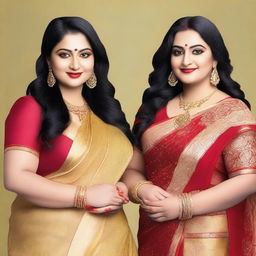 Two women wearing matching golden sarees with sparkly fabric, standing side by side against a plain background