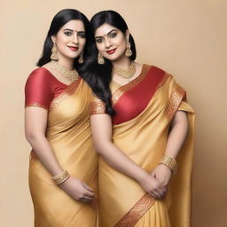 Two women wearing matching golden sarees with sparkly fabric, standing side by side against a plain background