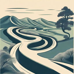 An illustration of a winding road that starts at the top of the page and ends at the bottom of the page, featuring three distinct curves