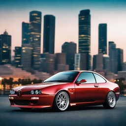 A detailed image of a tuned Alfa Romeo GTV, showcasing custom modifications like a lowered suspension, wide body kit, sporty alloy wheels, and a vibrant paint job