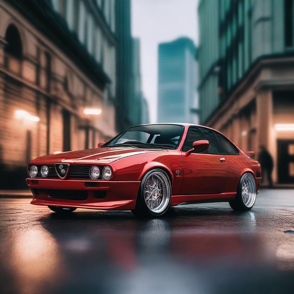 A detailed image of a tuned Alfa Romeo GTV, showcasing custom modifications like a lowered suspension, wide body kit, sporty alloy wheels, and a vibrant paint job