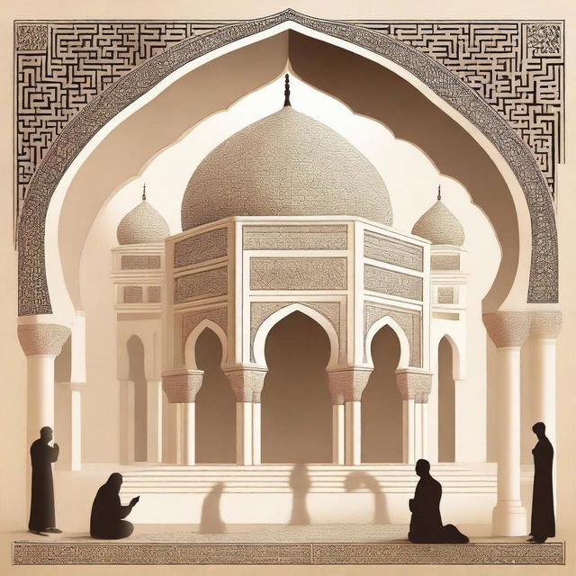 Create an image that features elements of early Islamic culture, including a mosque with traditional architectural details and people engaged in prayer