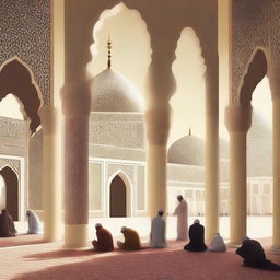 Create an image that features elements of early Islamic culture, including a mosque with traditional architectural details and people engaged in prayer