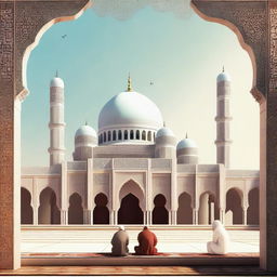 Create an image that features elements of early Islamic culture, including a mosque with traditional architectural details and people engaged in prayer