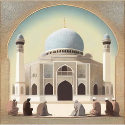 Create an image that features elements of early Islamic culture, including a mosque with traditional architectural details and people engaged in prayer