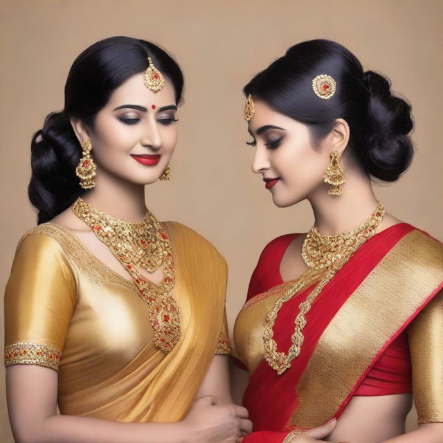 Two women wearing matching golden sarees with sparkly fabric, standing side by side against a plain background