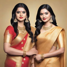 Two women wearing matching golden sarees with sparkly fabric, standing side by side against a plain background