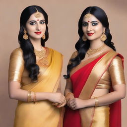 Two women wearing matching golden sarees with sparkly fabric, standing side by side against a plain background