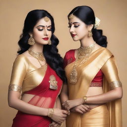 Two women wearing matching golden sarees with sparkly fabric, standing side by side against a plain background