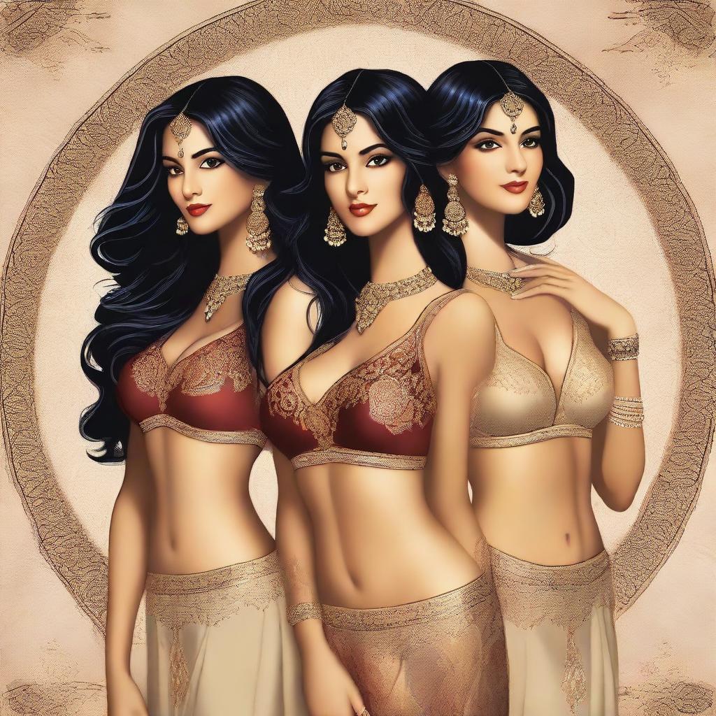 A tasteful and artistic depiction of Indian girls wearing elegant bras in a sophisticated setting