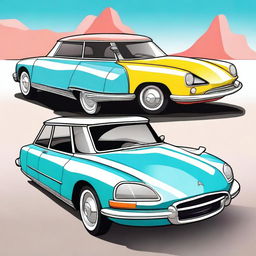 A cartoonized version of a Citroen DS car that has been tuned with custom modifications