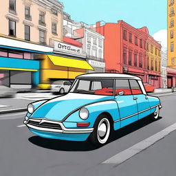 A cartoonized version of a Citroen DS car that has been tuned with custom modifications