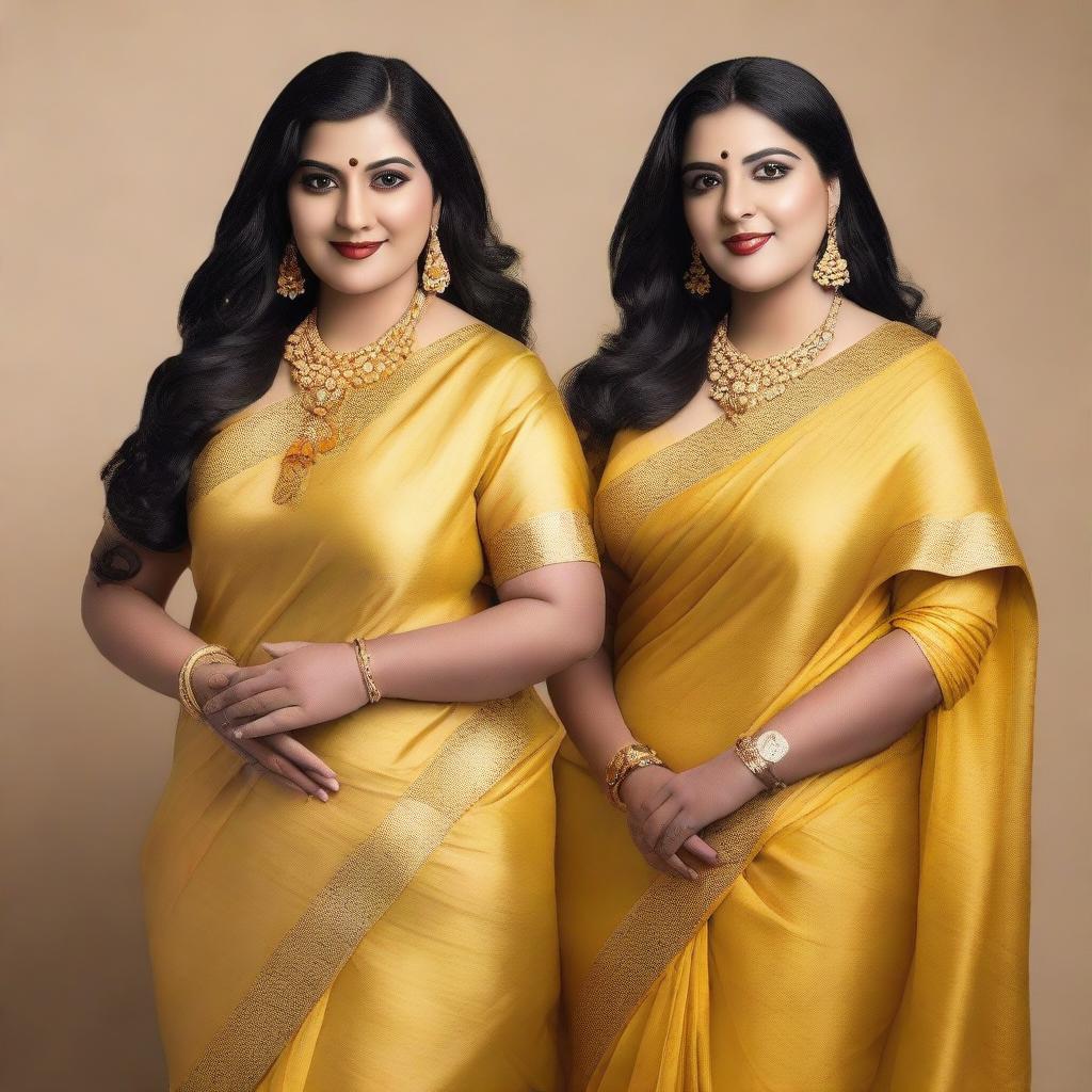 Two plus-sized women in saris posing for a picture in a studio