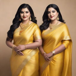 Two plus-sized women in saris posing for a picture in a studio