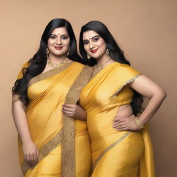 Two plus-sized women in saris posing for a picture in a studio