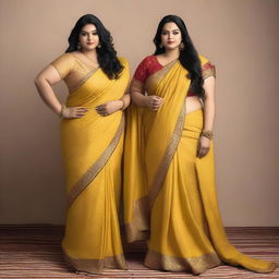 Two plus-sized women in saris posing for a picture in a studio