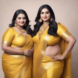 Two plus-sized women in saris posing for a picture in a studio