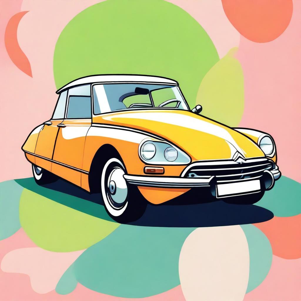 A cartoon illustration of a Citroen DS with exaggeratedly large wheels