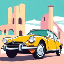 A cartoon illustration of a Citroen DS with exaggeratedly large wheels