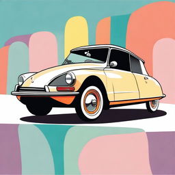 A cartoon illustration of a Citroen DS with exaggeratedly large wheels