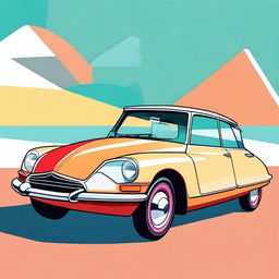 A cartoon illustration of a Citroen DS with exaggeratedly large wheels