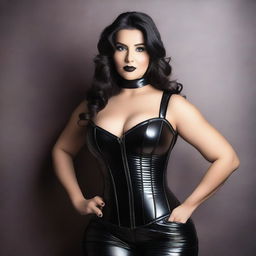 A beautiful woman wearing a tight black shiny puffer corset, posing seductively