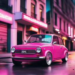 A vibrant pink Simca 1000 with custom tuning modifications