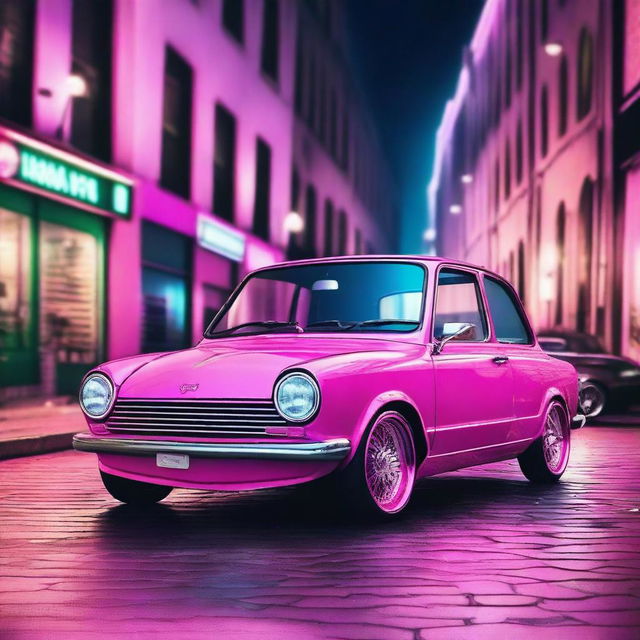 A vibrant pink Simca 1000 with custom tuning modifications