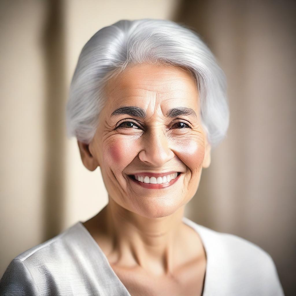 A detailed portrait of an older woman with kind eyes and a gentle smile