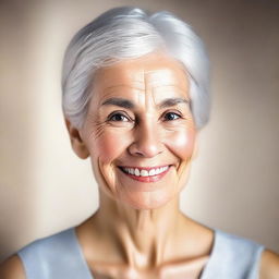 A detailed portrait of an older woman with kind eyes and a gentle smile