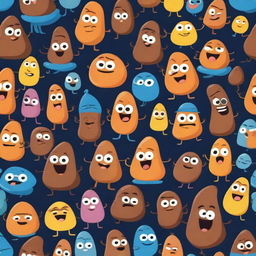 A playful and humorous depiction of cartoon poop characters with smiling faces and quirky expressions, set in a colorful and cheerful environment