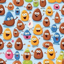 A playful and humorous depiction of cartoon poop characters with smiling faces and quirky expressions, set in a colorful and cheerful environment