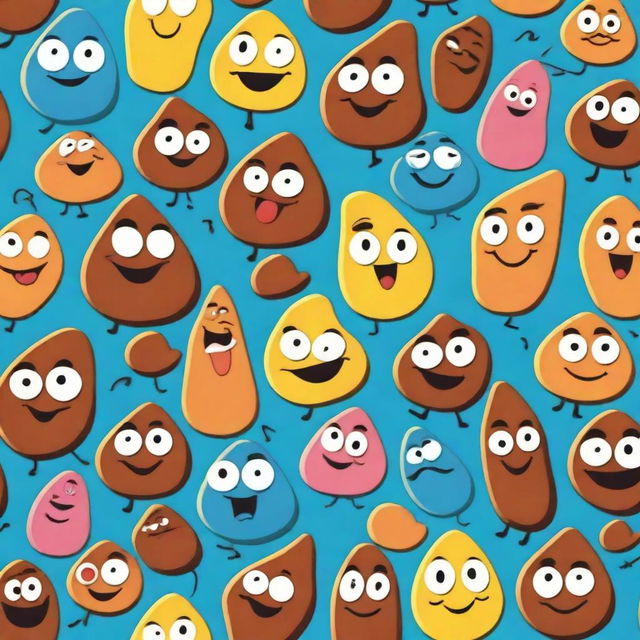 A playful and humorous depiction of cartoon poop characters with smiling faces and quirky expressions, set in a colorful and cheerful environment