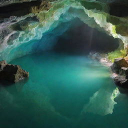 A stunning crystal cave, sparkling with a diverse array of hues. Pristine pools of water mirror their beauty, while a lingering green mist adds a touch of enchantment.