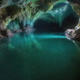 A stunning crystal cave, sparkling with a diverse array of hues. Pristine pools of water mirror their beauty, while a lingering green mist adds a touch of enchantment.