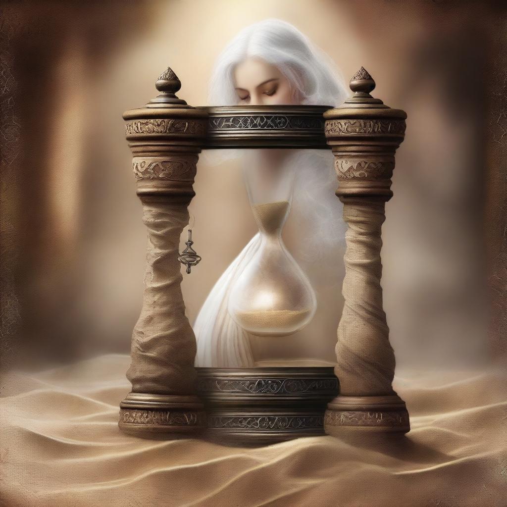 A realistic book cover featuring an ancient hourglass controlled by a woman with white hair